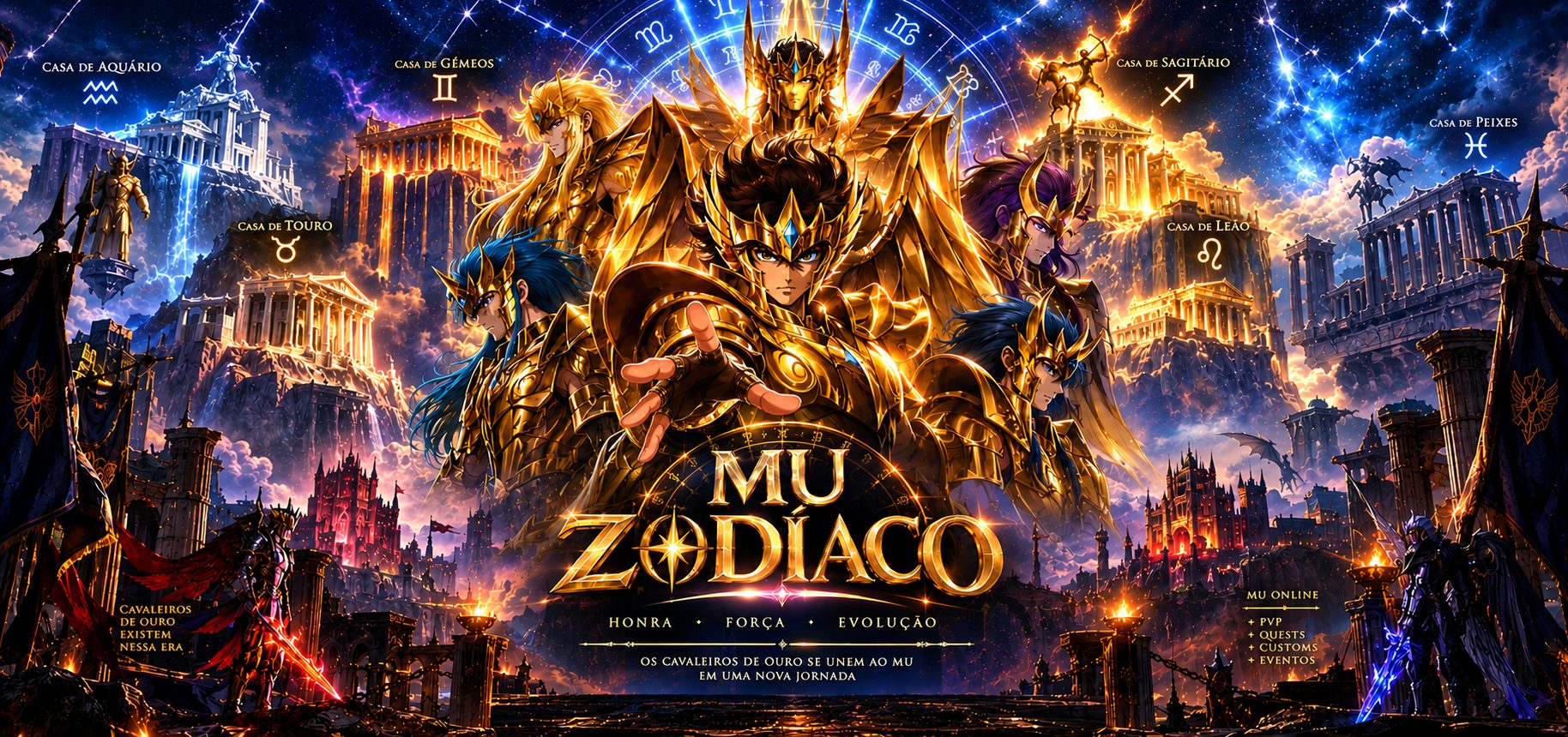 MU Zodíaco — Honra, Força, Evolução. Os Cavaleiros de Ouro se unem ao MU em uma nova jornada.